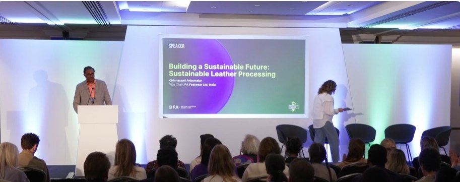 Chinnasami Anbumalar speaking at the British Footwear Association sustainability meet, 2025